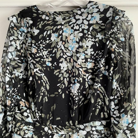 WHBM Floral Metallic Sheer Print Blouse Sz 2 Balloon Sleeve V Lined Black/Blue - Picture 6 of 16